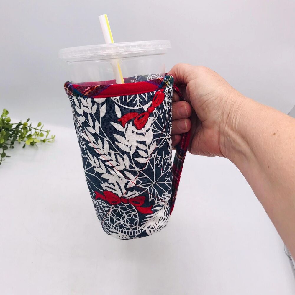 Drink Coozie w Handle Hot Cold Insulated Christmas Navy, Red, Plaid, Pinecones